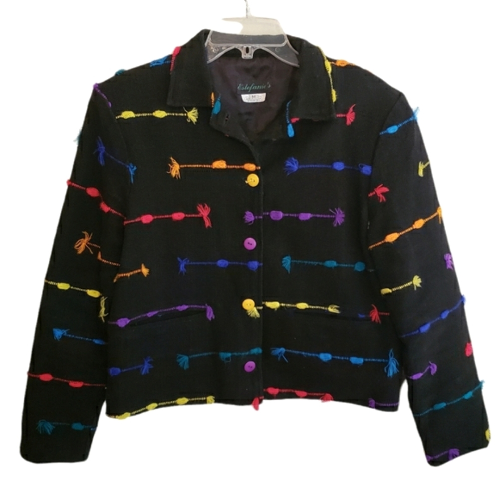 Vintage Estefanies Black Multicolor Embroidered Cotton Jacket